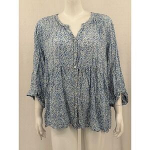 Anne Carson Top Womens 3X Blue Ditzy Floral Sheer V-Neck Button Up Boho Spring